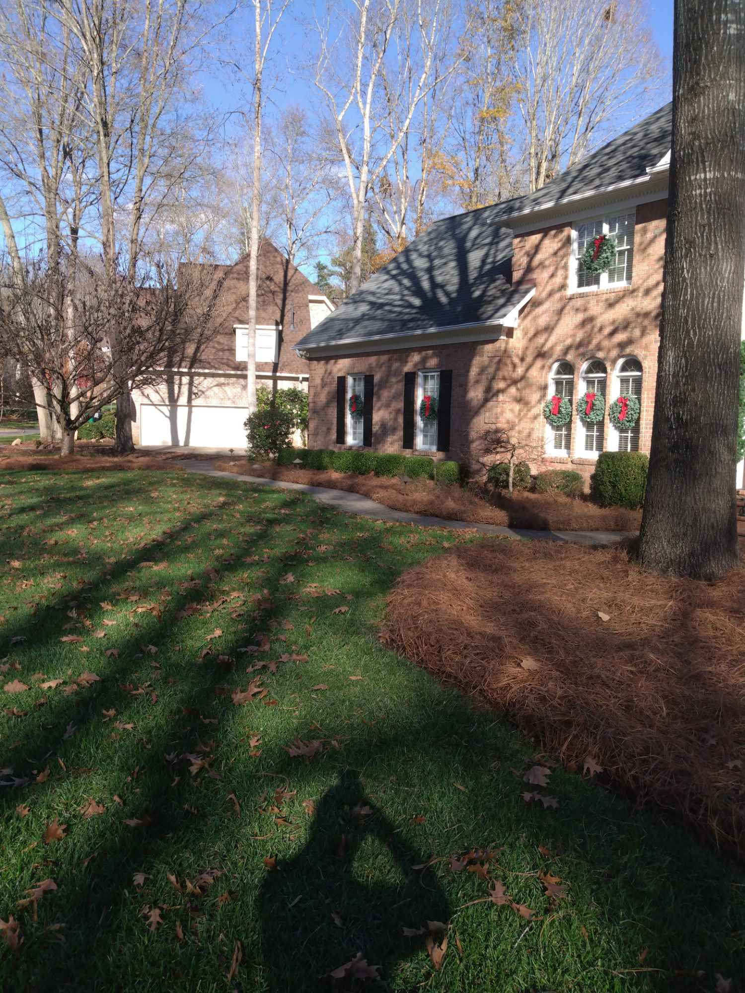 Brick house adorned with Christmas wreaths, surrounded by autumn trees and a neatly maintained lawn. Shadows of trees play on the ground and house.